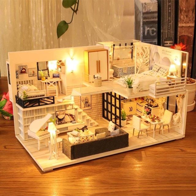 DIY บ้านไม้ของเล่นไม้ตุ๊กตาไม้ Miniatura บ้านบ้านตุ๊กตาจิ๋วของเล่นเฟอร์นิเจอร์ไฟ LED วันเกิดของขวัญ
