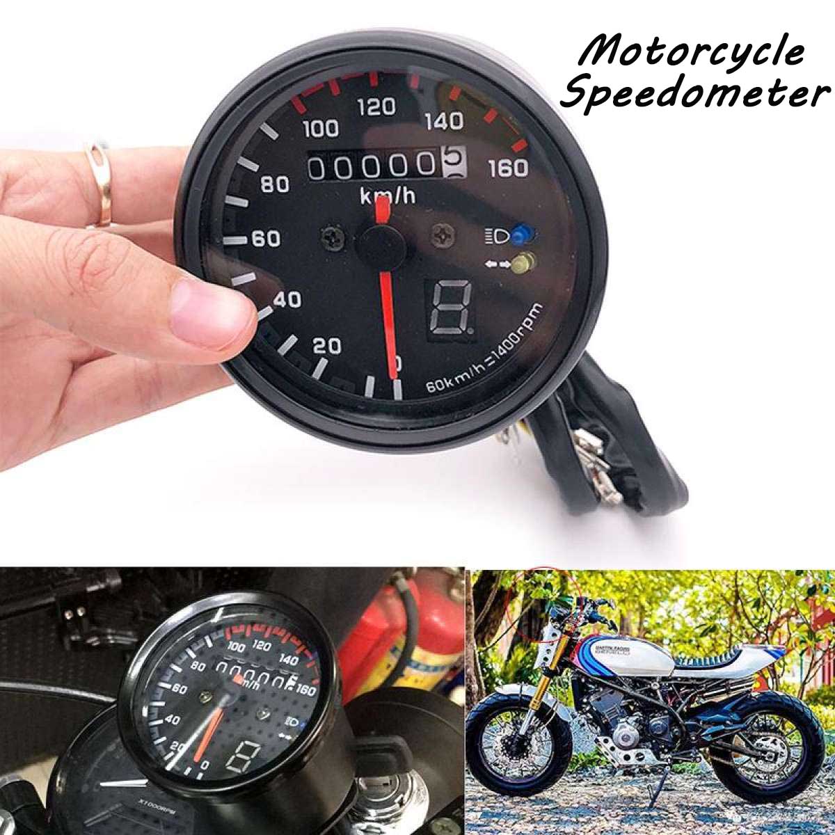 Qiilu Digital LED LCD Speedometer Tachometer Speed Gauge Retro Chrome Universal Motorcycle 