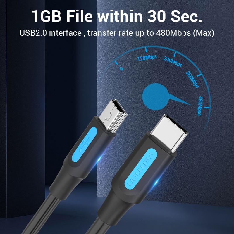 Vention USB 2.0 C Male To Mini-B Male 2A USB Cable 480Mbps (COW) (Avai ...