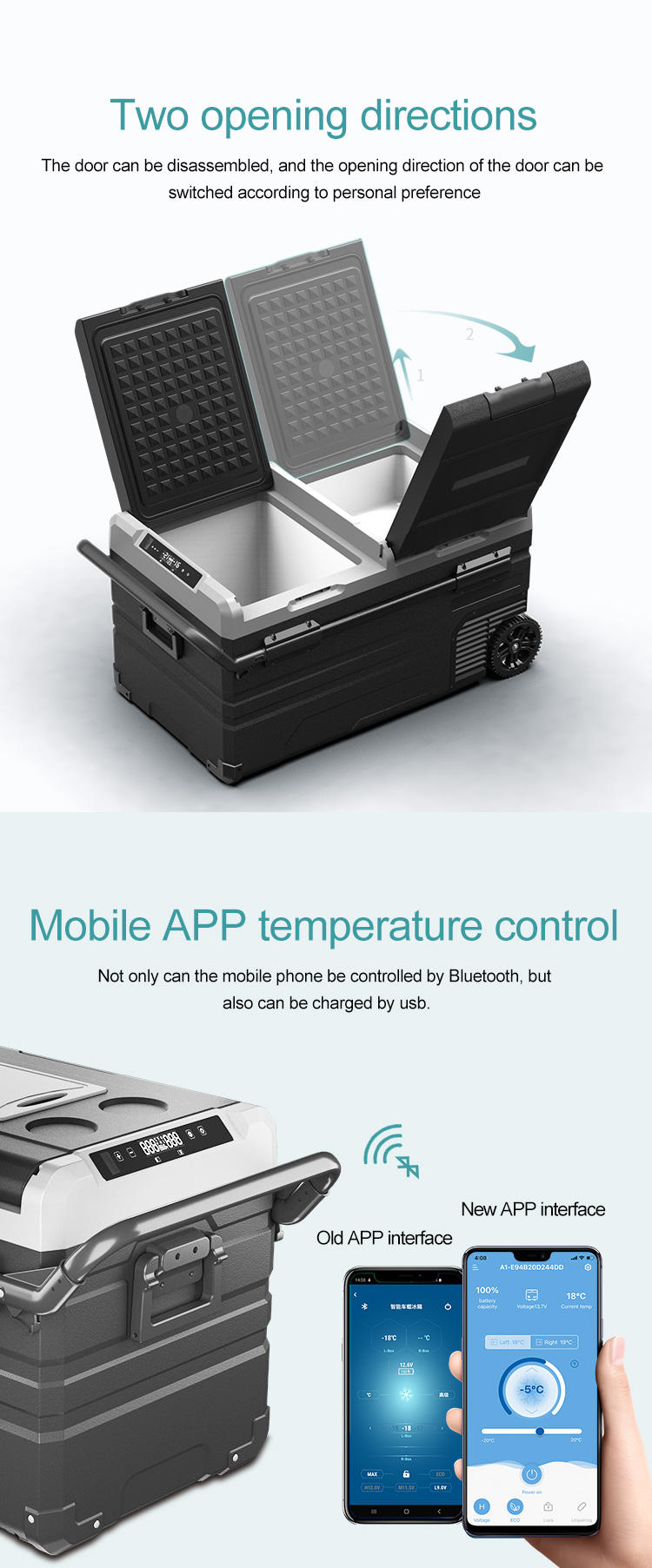 Alpicool TWW35 portable 12v 220v dual zones solar charging optional battery half freezer half refrigerator