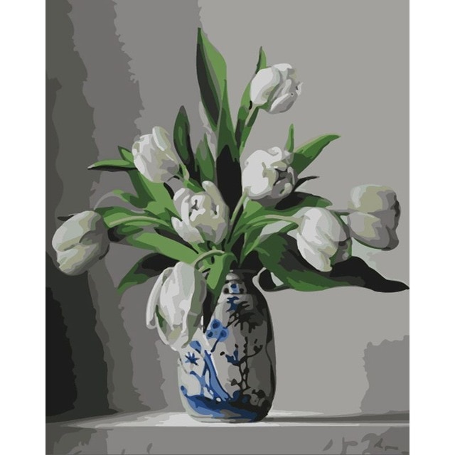 Tranh sơn dầu khung tự làm 40x50cm bộ theo số dành cho người lớn, đồ dùng nghệ thuật acrylic hình hoa màu xanh tô màu theo số, sơn