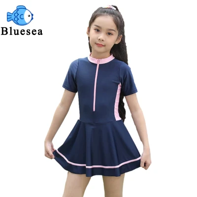 Kids Girls One-piece Swimsuit Quick-drying Conservative Skirt Short-sleeve Swimwear for 3-11 Years (1)