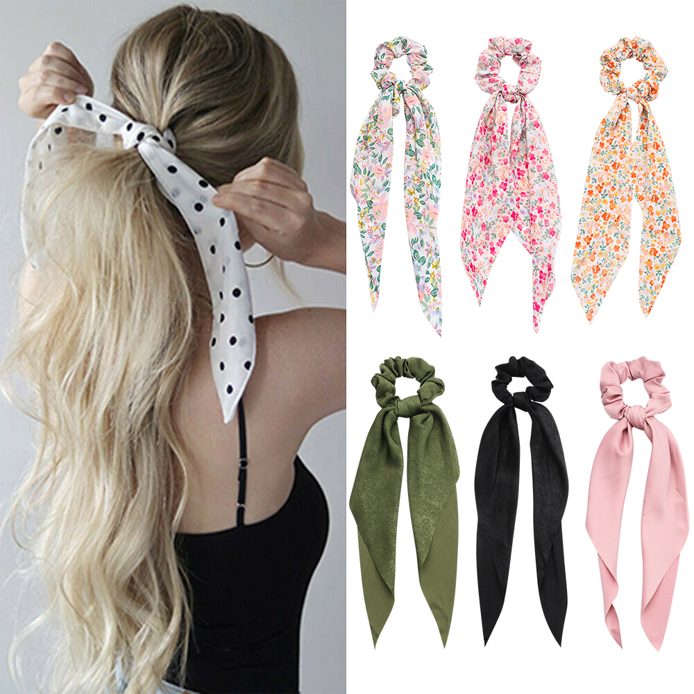 ZBRTDR แฟชั่นโบว์ริบบิ้น Scrunchie อุปกรณ์เสริมผม Boho ดอกไม้พิมพ์ Scrunchies ริบบิ้นยาวยางรัดผมหางม้าผ้าพันคอผมวงยืดหยุ่น