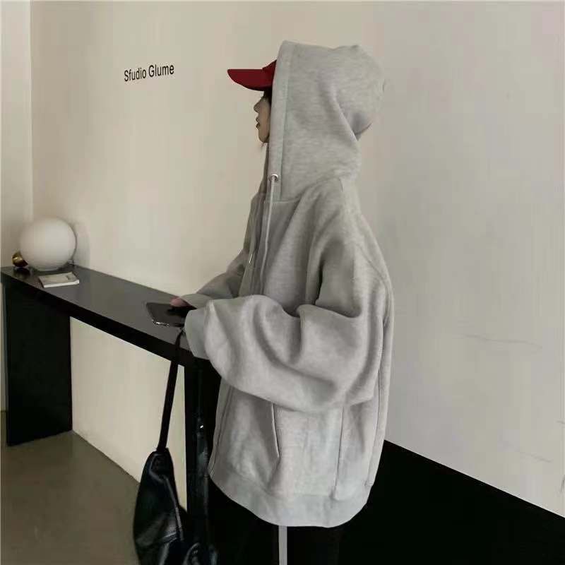 PWAE Hoodies Jacket for Women Korean Oversize Gray Hooded Sweater for Women Zipper Jacket Women's Ins Trend Tops for Women