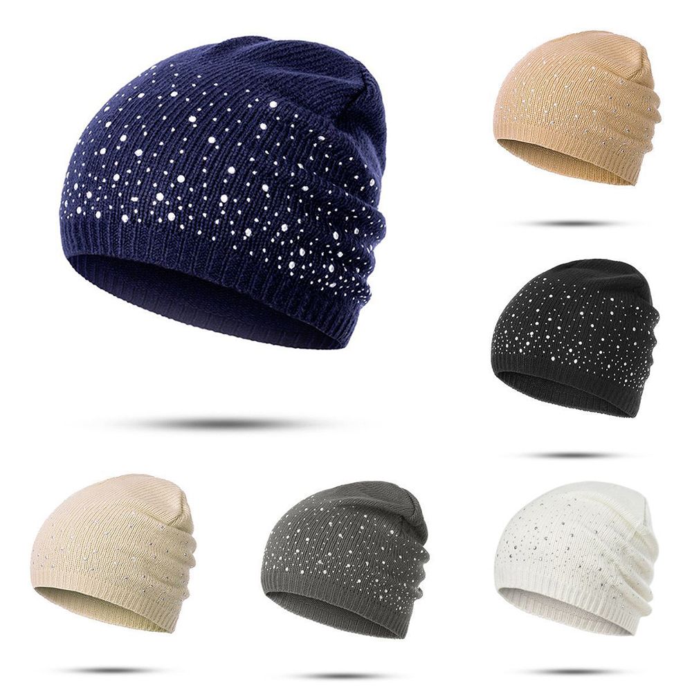 INMA หมวกไหมพรมผู้หญิง,หมวกแก๊ปประดับพลอยเทียมผ้าคอตตอนให้ความอบอุ่นในฤดูหนาวหมวกบินนี่