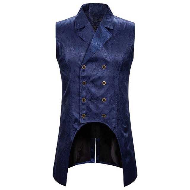 สีแดงไวน์ Paisley Jacquard เสื้อกั๊กแขนกุดแขนยาวชายคู่ Breasted Lapel ผ้าเสื้อกั๊ก Waistcoat Mens Gothic Steampunk Tailcoat